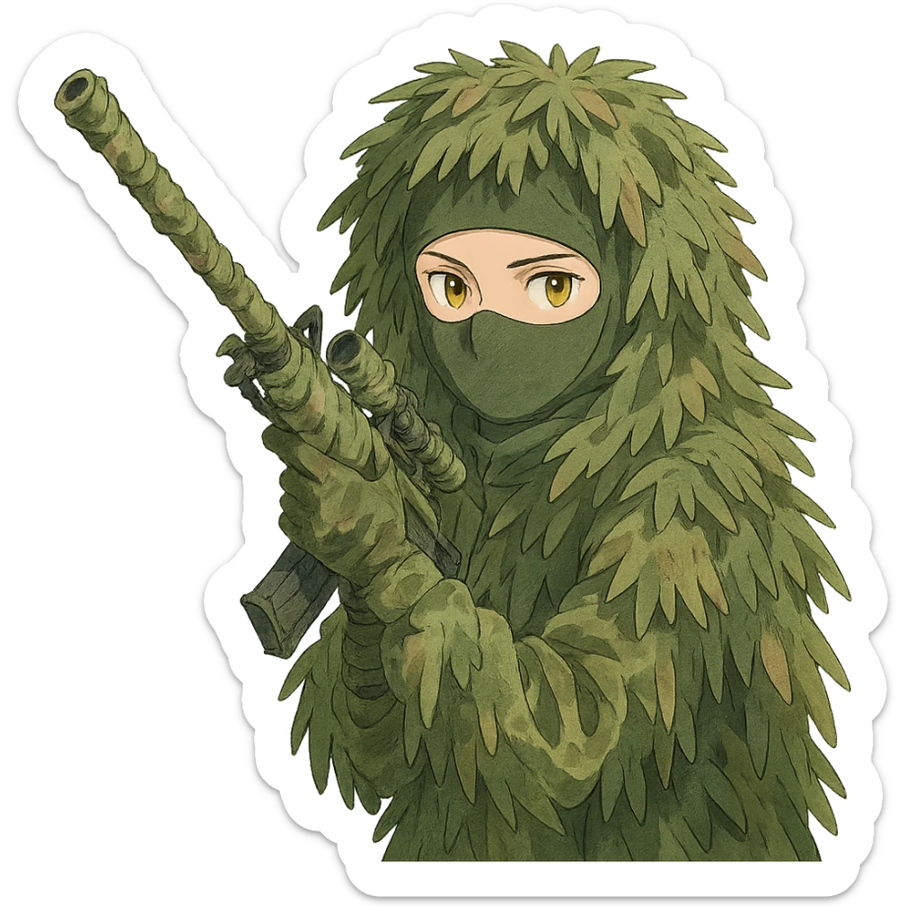 1 female, gold yellow eyes, face covered green balaclava, full military ghillie sniper camouflage, rifle up, camouflaged rifle wrap sticker