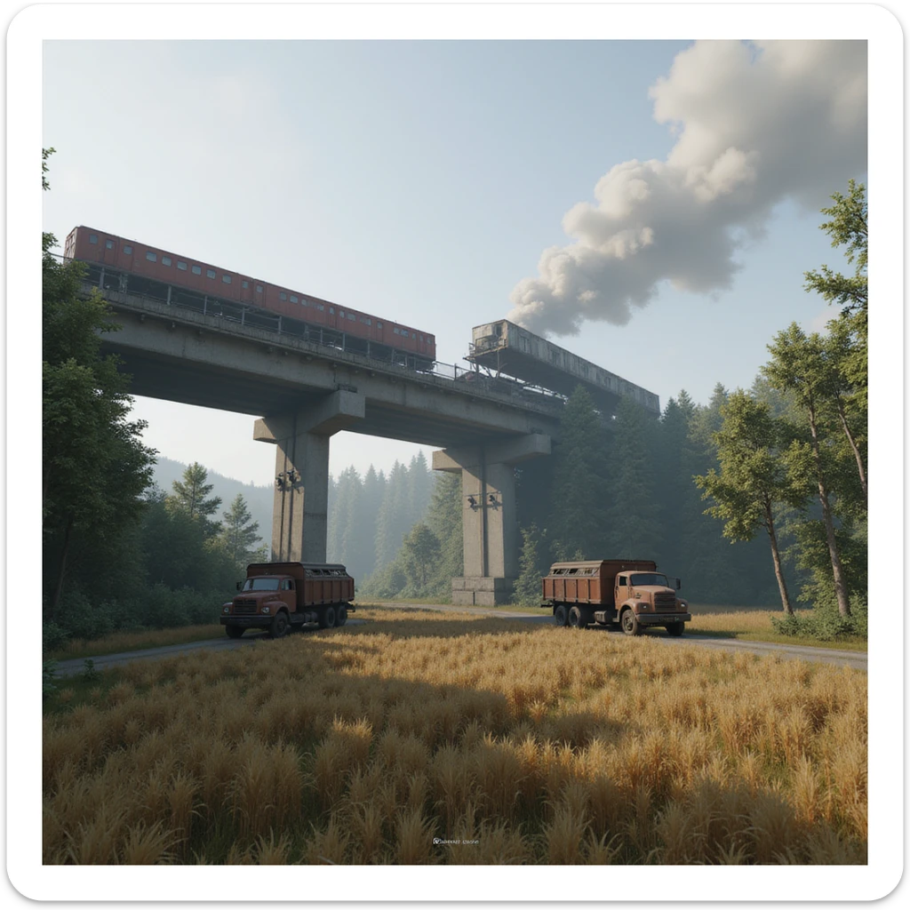  a screenshot of a location in a videogame  the image of the scene consists of:  [above-ground train freeway partially collapsed], a wooded area, a small field of wheat. distant smoke. tall concrete walls, derelict vintage work trucks, more distant smoke. polluted and war-torn sticker