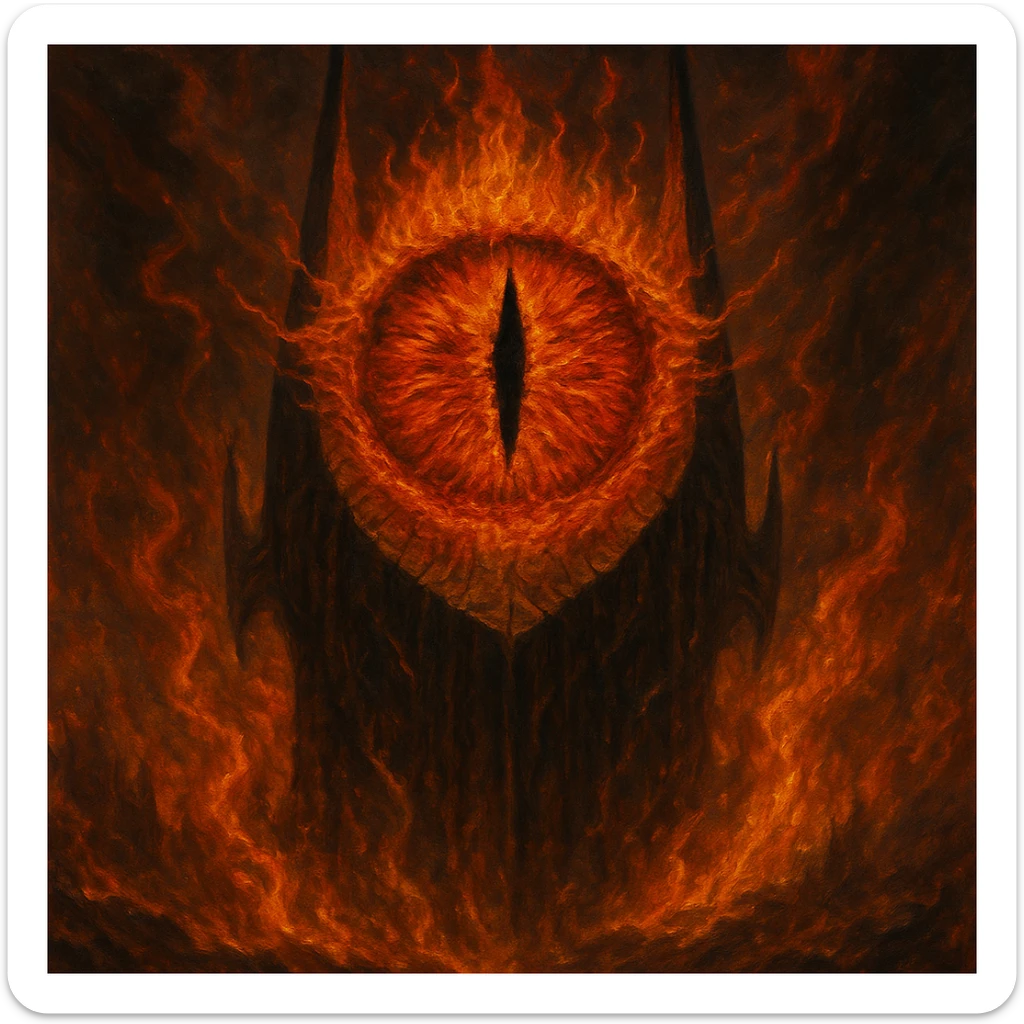 Sauron's eye, fiery and menacing, fantasy illustration style, detailed, dramatic lighting sticker