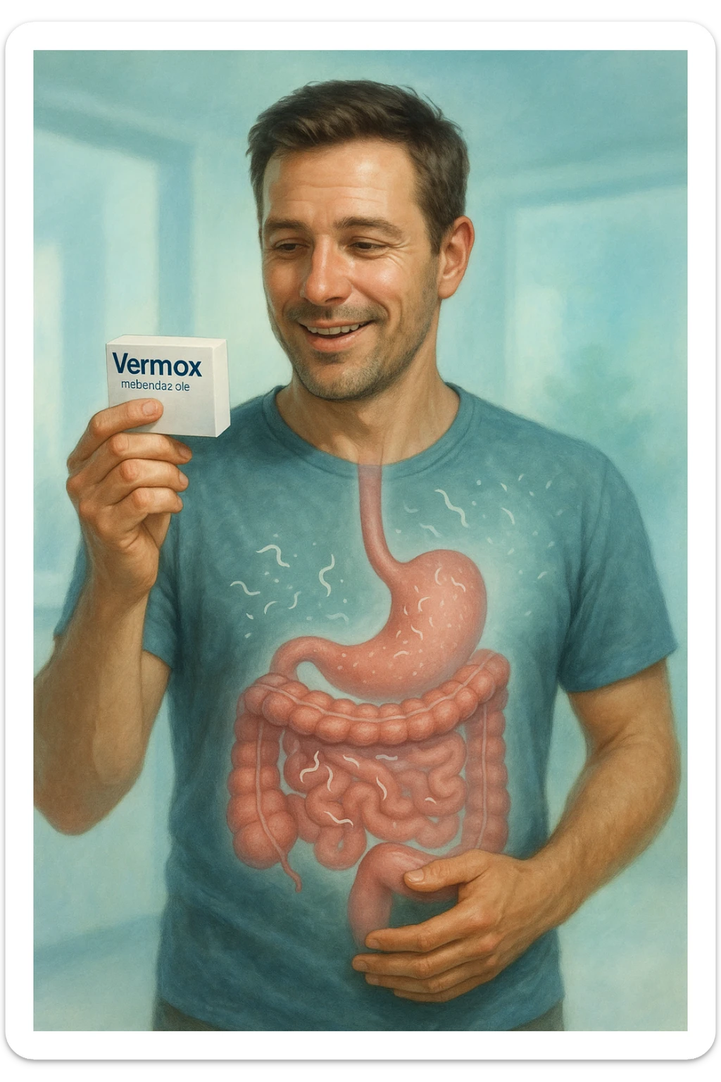 A realistic, cinematic illustration of a man in his late 30s holding a small white box of ‘Vermox’ (mebendazole) in one hand, with a relieved and hopeful expression on his face. Behind him, a semi-transparent overlay shows his digestive tract where small, symbolic worm-like parasites are dissolving and disappearing, indicating the medication’s effect. The environment is clean and bright, with a medical yet hopeful tone, conveying the concept of effective parasite removal. Subtle blue and green tones symbolize cleansing and health restoration, while the man appears energized and ready to reclaim his well-being sticker