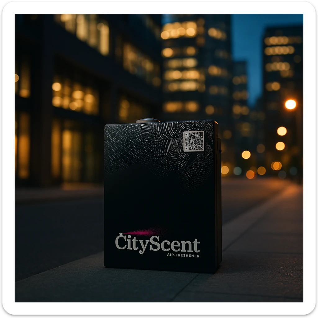 Place this exact CityScent air freshener machine realistically in the center of a modern city at evening, with city lights and a calm urban atmosphere, no people, focus on the machine. The style should be realistic and detailed to highlight the machine in an urban environment. sticker