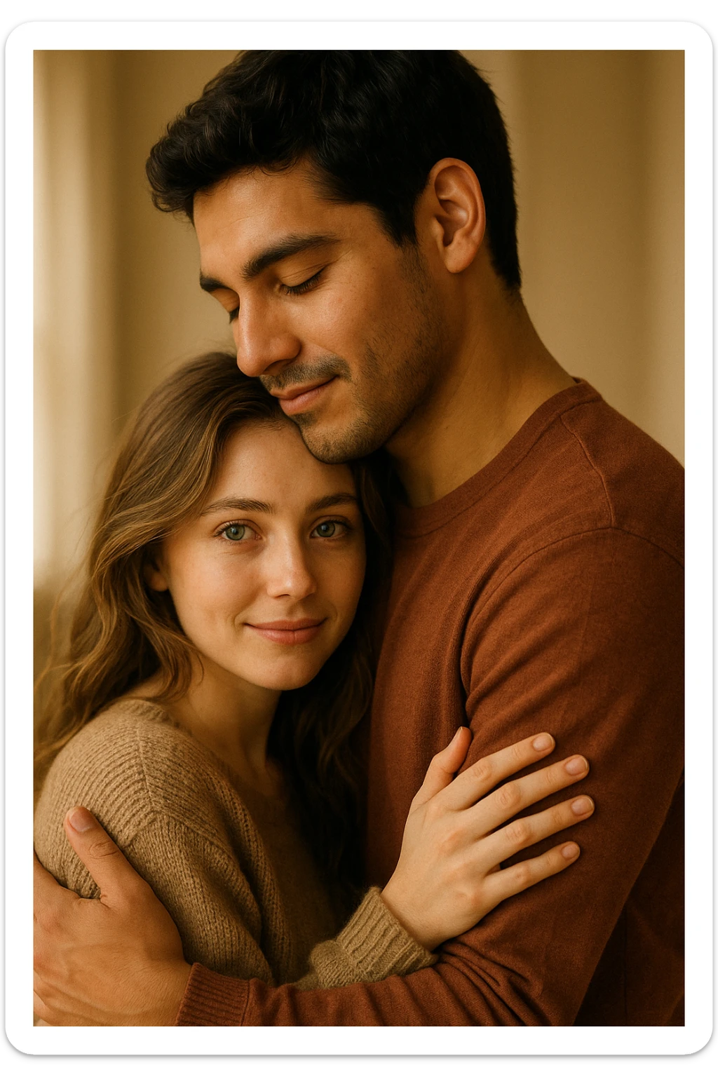 romantic hug, Latin guy with dark hair and girl with green eyes, warm and affectionate scene, soft lighting, gentle and loving atmosphere sticker