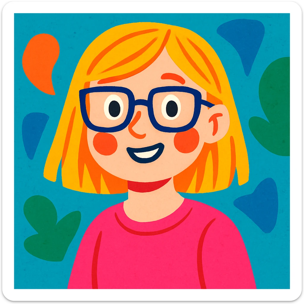 blonde girl, shoulder-length hair, wearing glasses, rosy cheeks, pink clothes, colorful illustration style, friendly appearance sticker