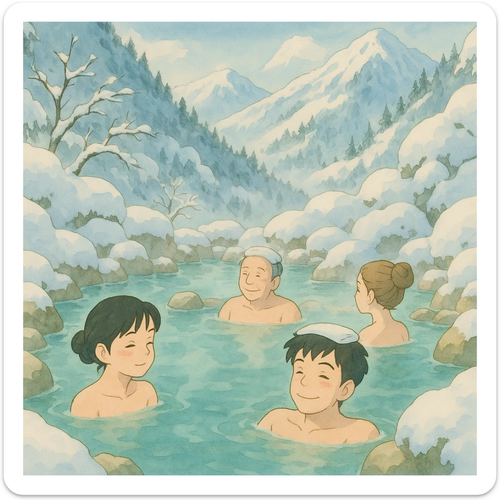 a snowy mountain hot spring scene with people relaxing in the warm water, surrounded by snow, Ghibli-inspired style sticker