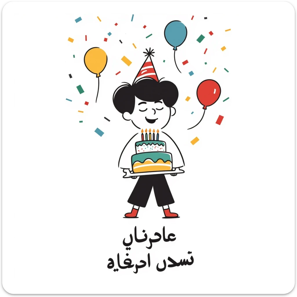 Vibrant, multi-colored illustration of a little boy with a colorful birthday cake, lots of colorful confetti, balloons, and party elements. Below the illustration, in a separate text area, write in very clear, large Persian characters: "امیدرضا جان تولدت مبارک" sticker