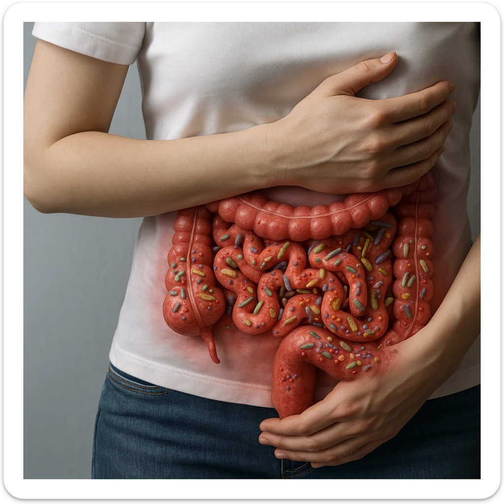 Hyperrealistic 4K anatomical view of a female body in a similar position to the reference image, showing the intestine visible in transparency without parasites but with altered intestinal microbiota (dysbiosis). Realistic and varied bacteria and microorganisms are depicted, with reddened and inflamed intestinal walls, clinical atmosphere. sticker