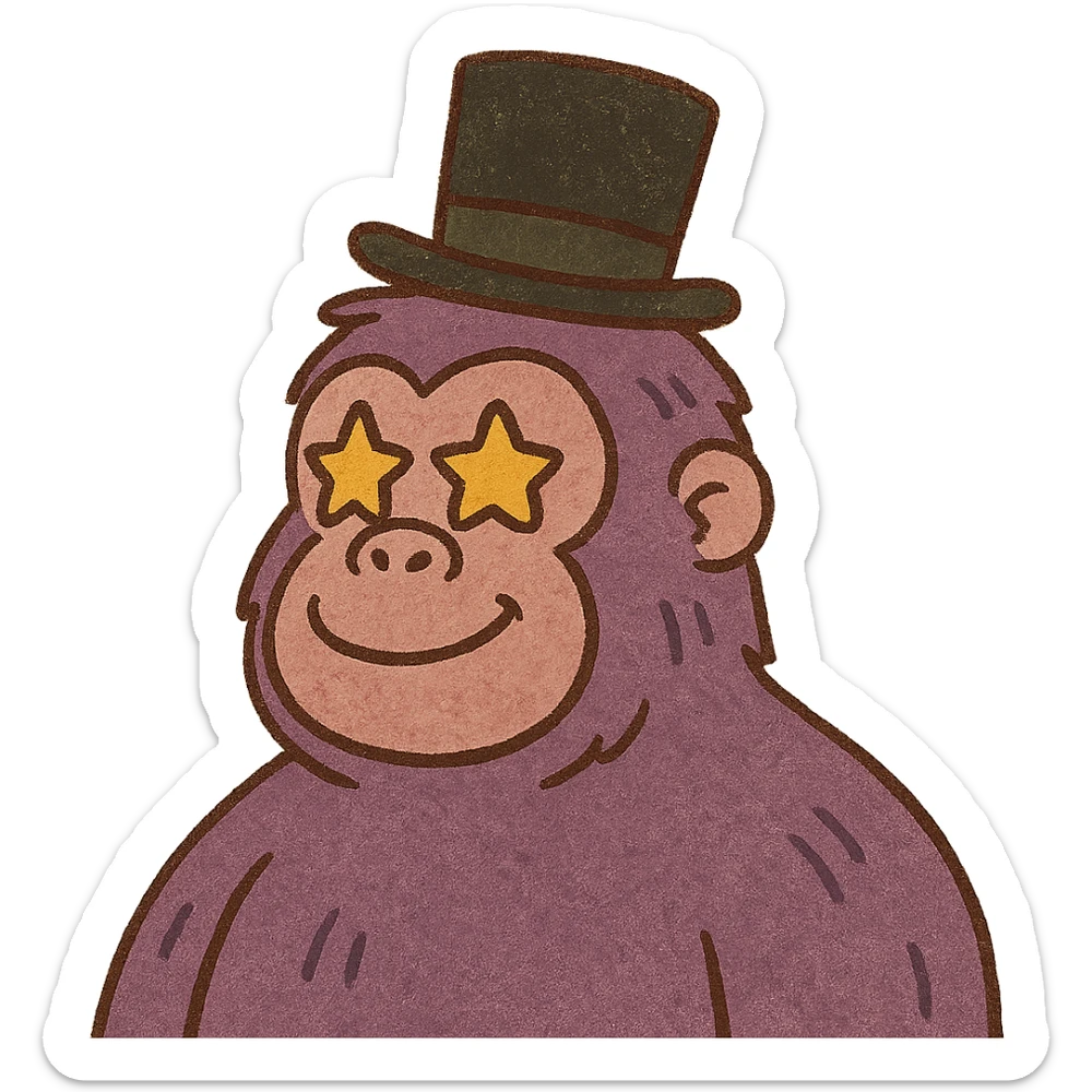 amazed purple gorilla with star eyes and a tophat, cartoonish style sticker