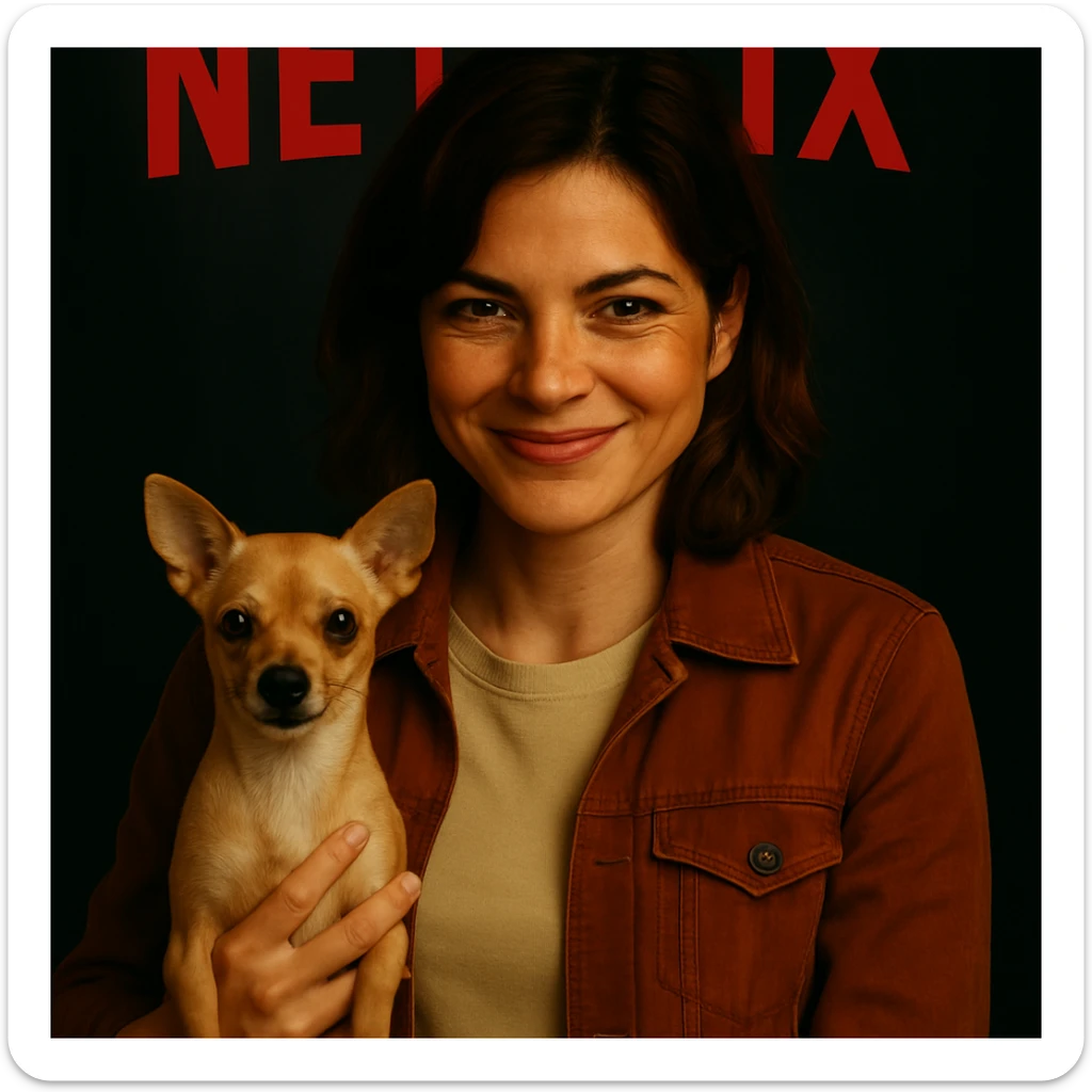 Give the woman a more smiling and knowing expression, in the style of a Netflix series poster, keeping all other elements identical. sticker