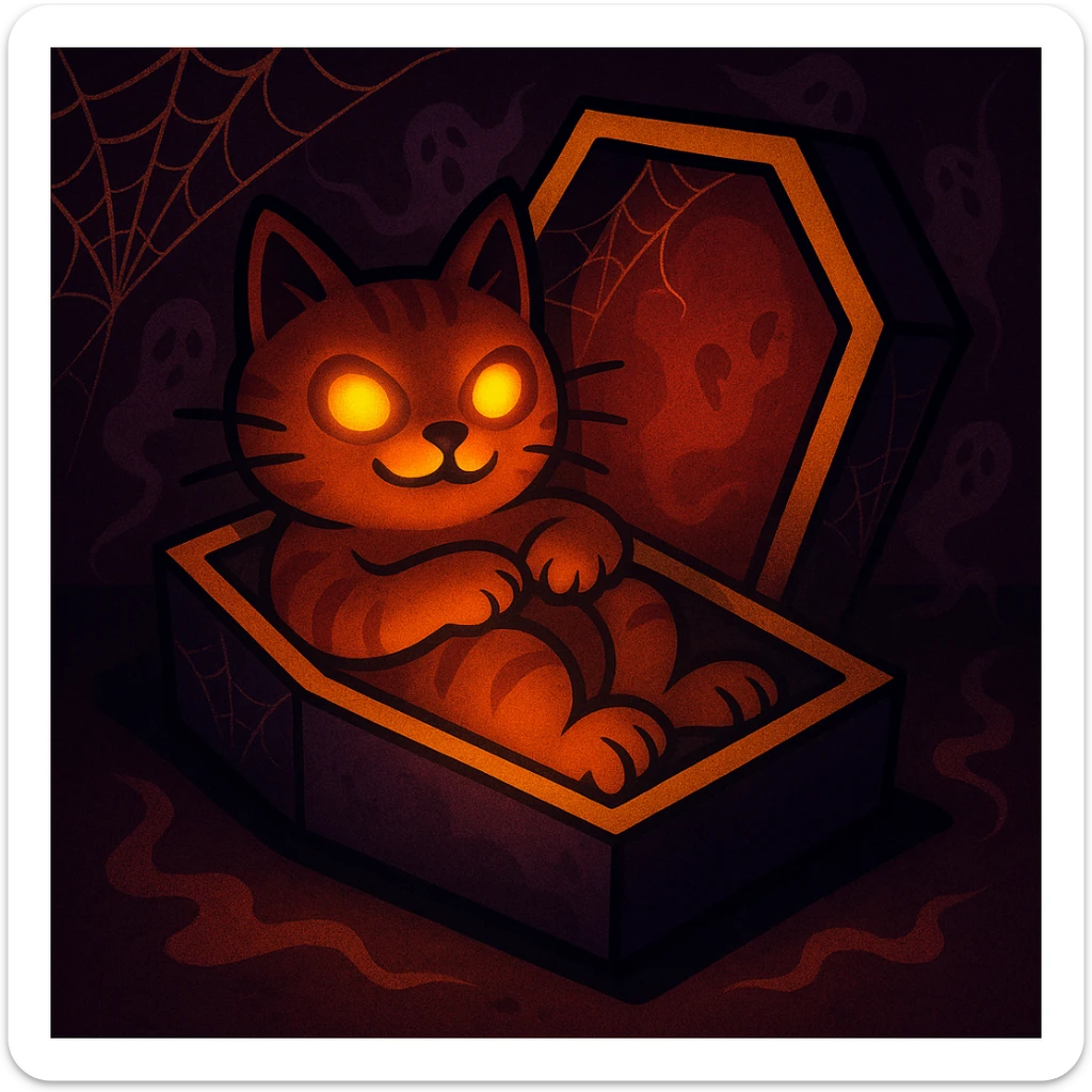 Make the cat in the coffin look spooky with eerie lighting, add cobwebs and ghostly effects in a vibrant cartoon style. sticker