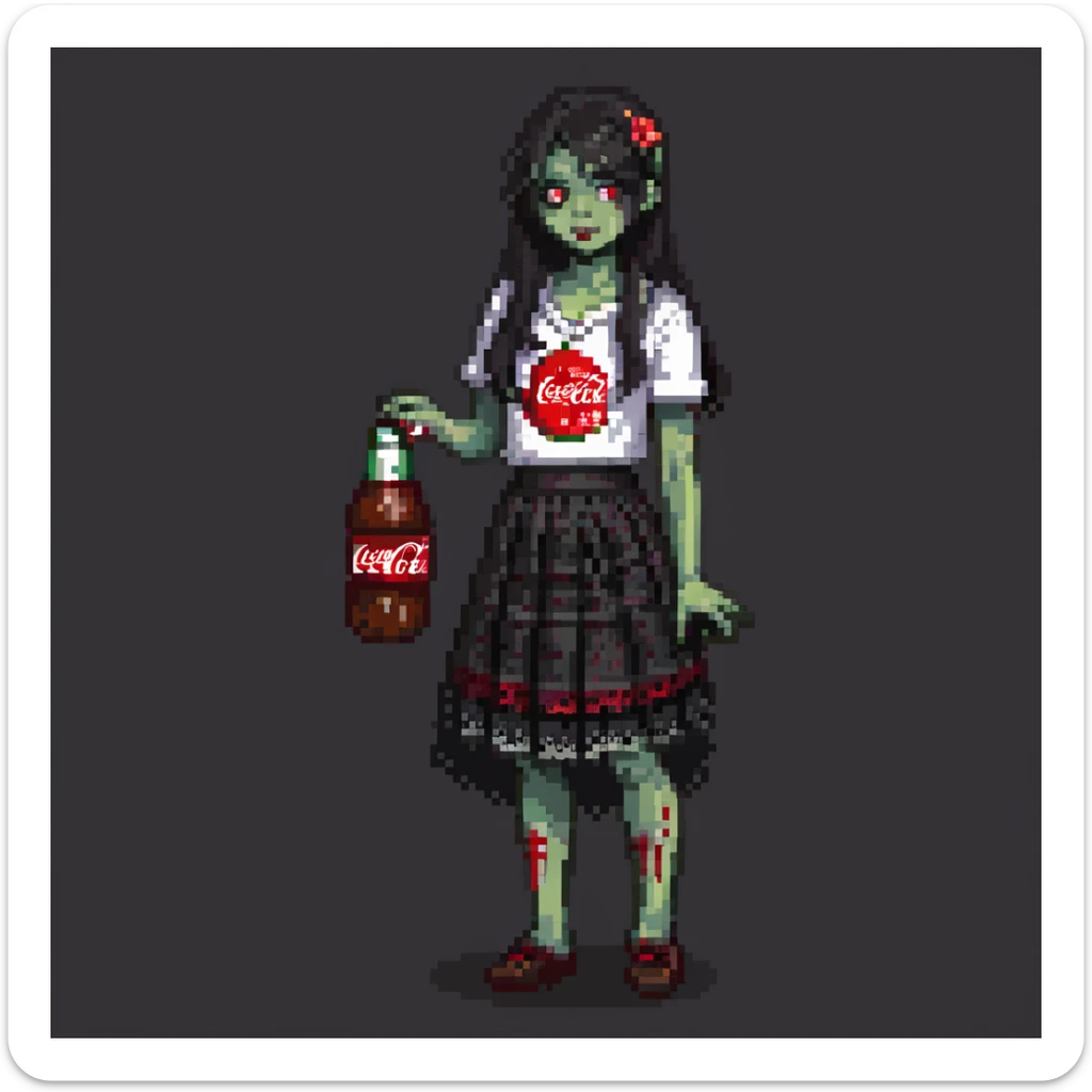 Generate an Asian girl, dark-haired, she's a zombie, wearing a skirt with lace, slightly torn,
Holding a bottle of Coca-Cola in her hands.
Background: a dark street in the style of Gotham City  sticker