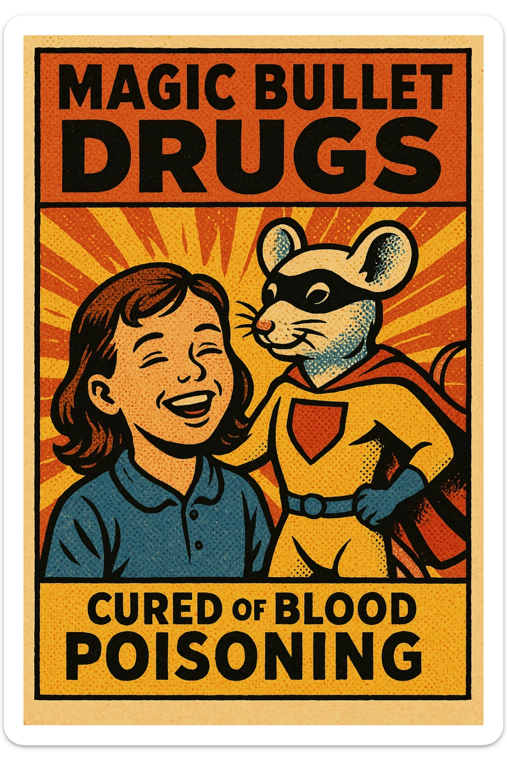 A poster titled 'Magic Bullet Drugs' with an image of a young girl smiling as she has been cured of blood poisoning with a superhero lab rat sticker