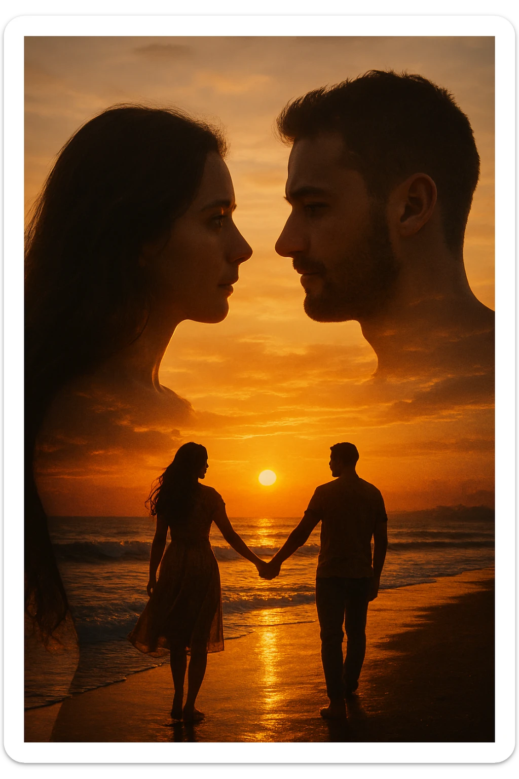 Una doppia esposizione cinematografica di noi di profilo, con un paesaggio di spiaggia al tramonto integrato nella silhouette.
La scena interna ci mostra entrambi camminare sulla sabbia bagnata, tenendoci per mano, con le onde del mare che si infrangono è facile e un cielo colorato dagli ultimi raggi di sole. Atmosfera calda e intima, toni dorati arancioni, dettagli fini ed espressivi, risoluzione 8K. sticker