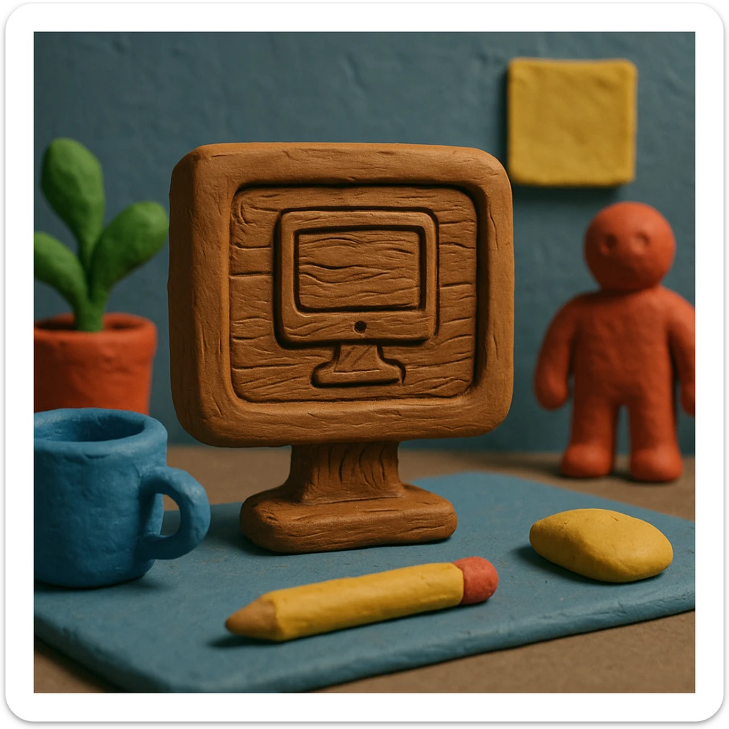 Make the computer monitor icon look more like it is carved from wood, with visible wood grain, natural brown tones, and carved details, in a claymation style. sticker