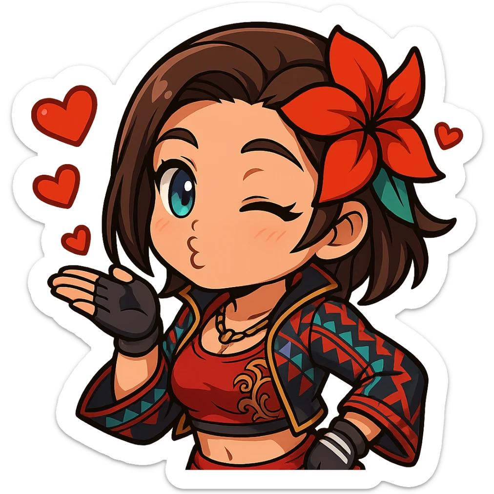 Azucena from Tekken 8 in chibi sticker style, blowing a kiss with animated hearts, wearing the detailed red and patterned outfit from the reference images, designed for Twitch emote use. sticker