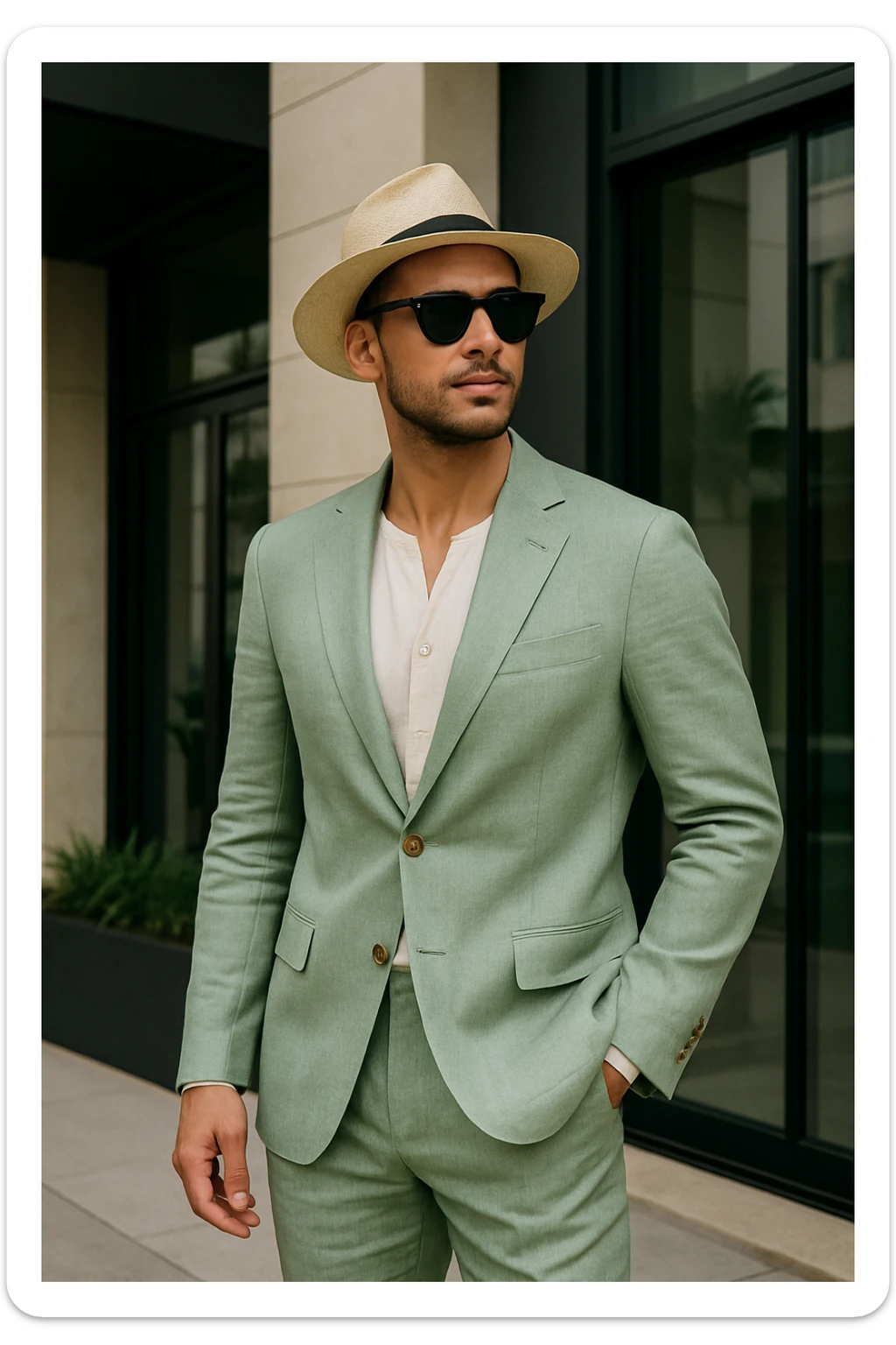 fashionable man in light green linen suit, with sunglasses and straw hat, standing confidently sticker