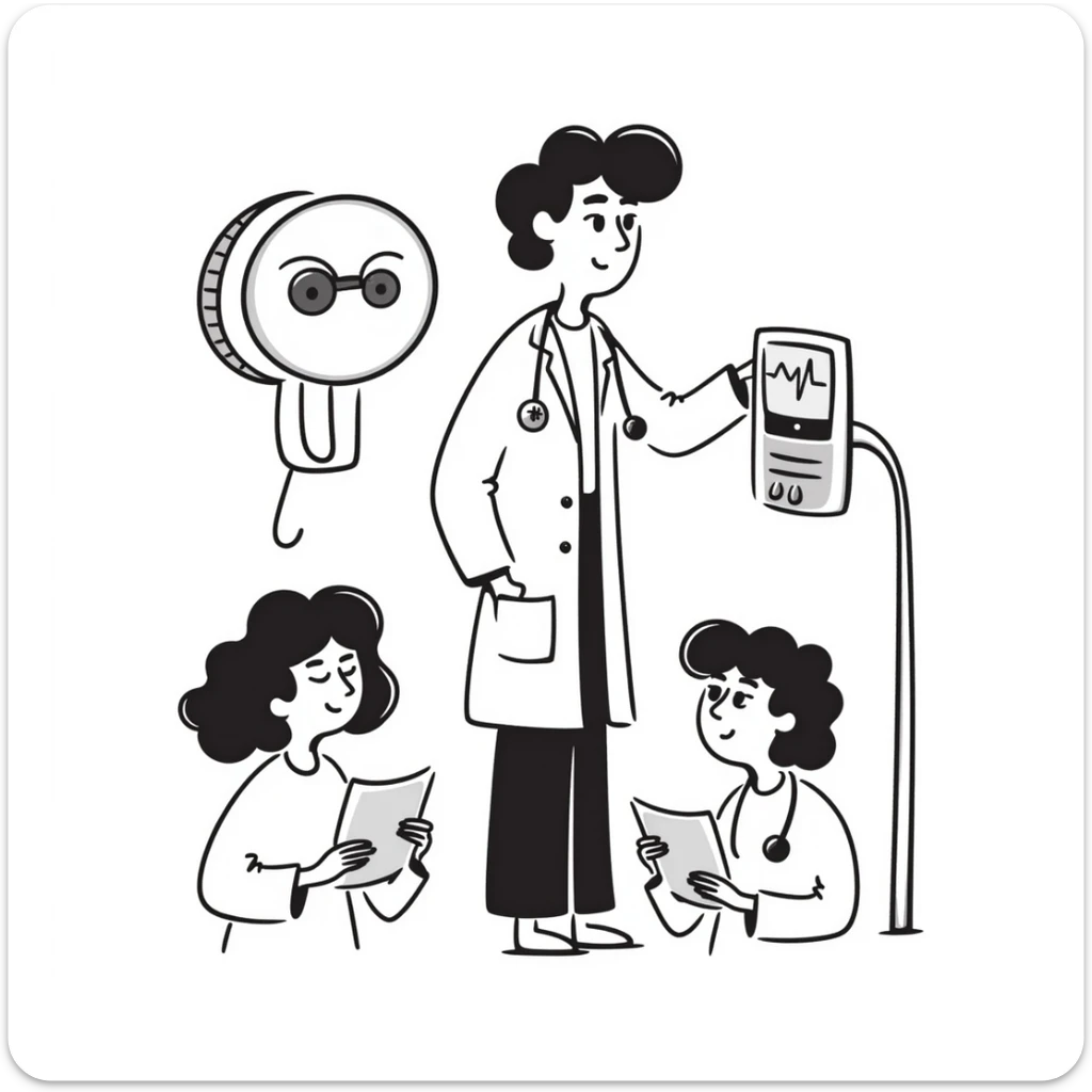 A doctor in a hospital surrounded by an x-ray machine and heart rate monitor a nurse treating patients sticker