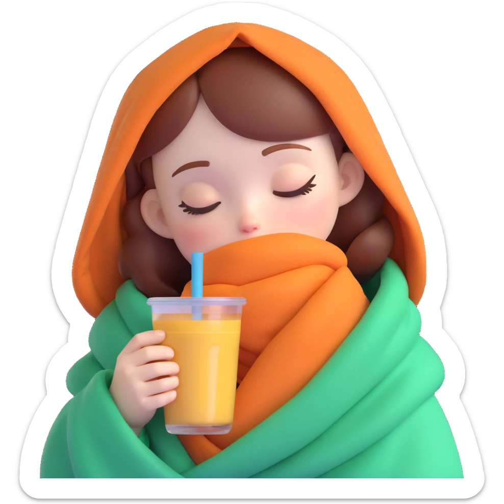 dark ginger haired girl with pale skin, wrapped in a blanket, sipping boba, eyes closed sticker