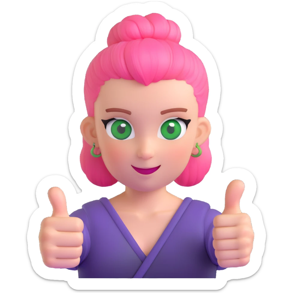 girl with pink topknot haircut and green eyes giving a thumbs up sticker