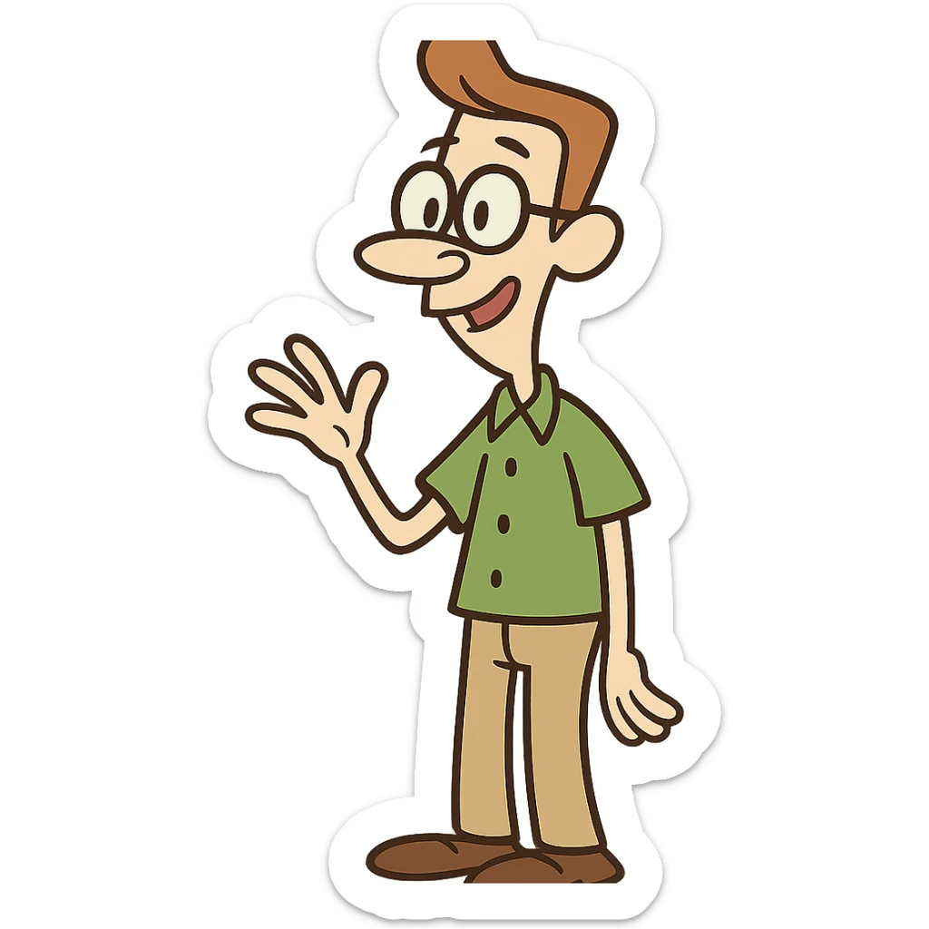 Carl Chryniszzswics from Johnny Bravo, nerdy best friend with glasses, green shirt, cartoon style sticker