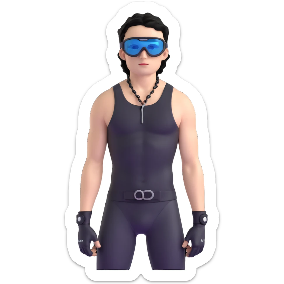 shirtless male athlete with white skin and moderately curly black hair on top with shaved sides, wearing black ski goggles with very dark heavily tinted black lenses that completely hide the eyes, and a simple plain black chain necklace, no earrings sticker