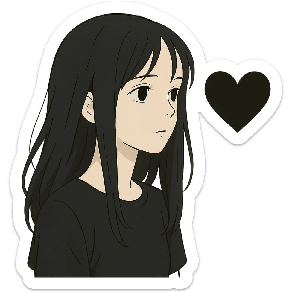 ghibli style pale girl with long black hair and a black heart sticker