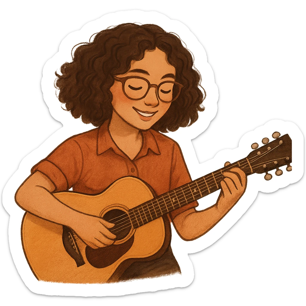 A girl with curly brown hair and brown glasses, in a shirt, playing guitar, for a music therapy internship, warm, professional, inviting sticker