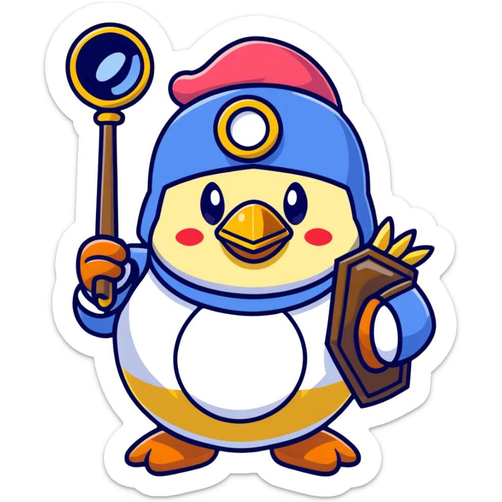 King Dedede from Kirby dressed as a detective, holding a magnifying glass, cartoon style sticker
