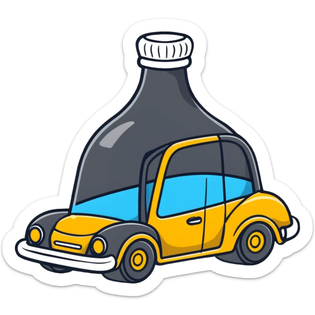 cartoonish icon of a car with wobbly motion lines and a bottle, representing drunk driving sticker