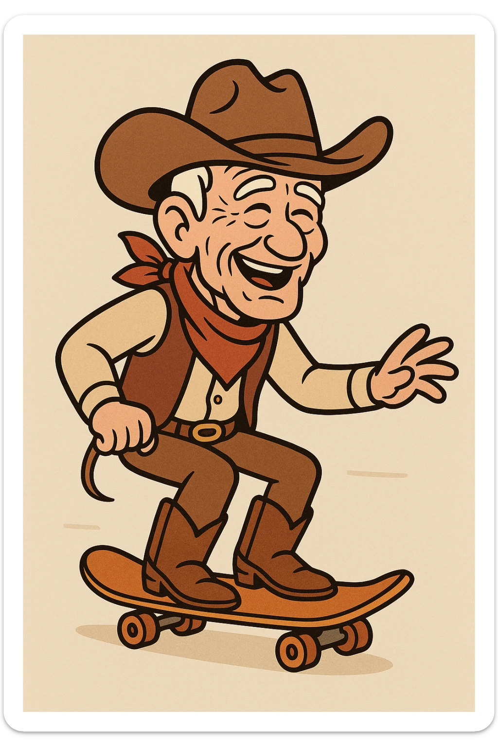 senior cowboy with wrinkled face, cowboy hat, riding a skateboard, cheerful and adventurous sticker
