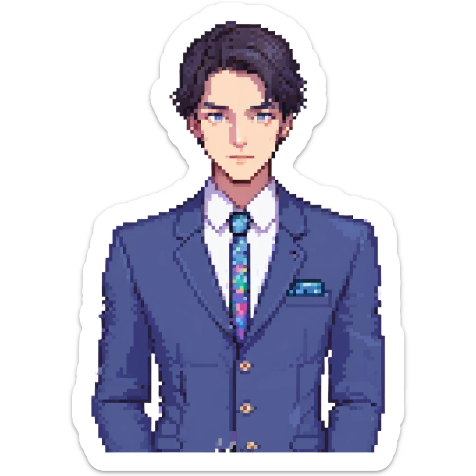 Flat pixel art, focused and confident male strategist, fair skin, short sleek dark hair, intense sharp eyes, wearing a deep indigo suit jacket over a crisp white shirt, holding a futuristic holographic blueprint in one hand, other hand thoughtfully touching chin, waist-up, front-facing sticker