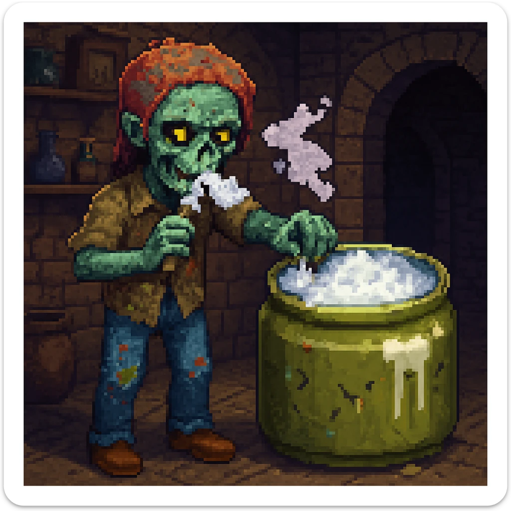 A zombie sniffing white powder with a background in the style of a pixel art sticker