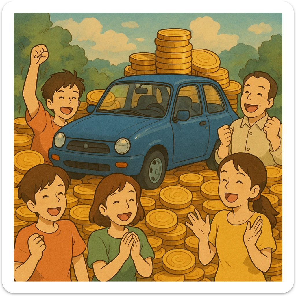ghibli style illustration of a car surrounded by coins and happy people, symbolizing profitable vehicle financing sticker