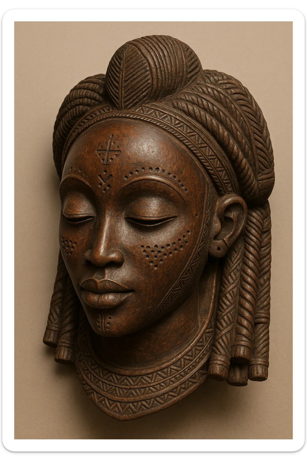 Mwana Pwo mask, Cokwe tribe, Angola, detailed wood carving, elegant feminine face, scarification marks, traditional African art, plain background sticker