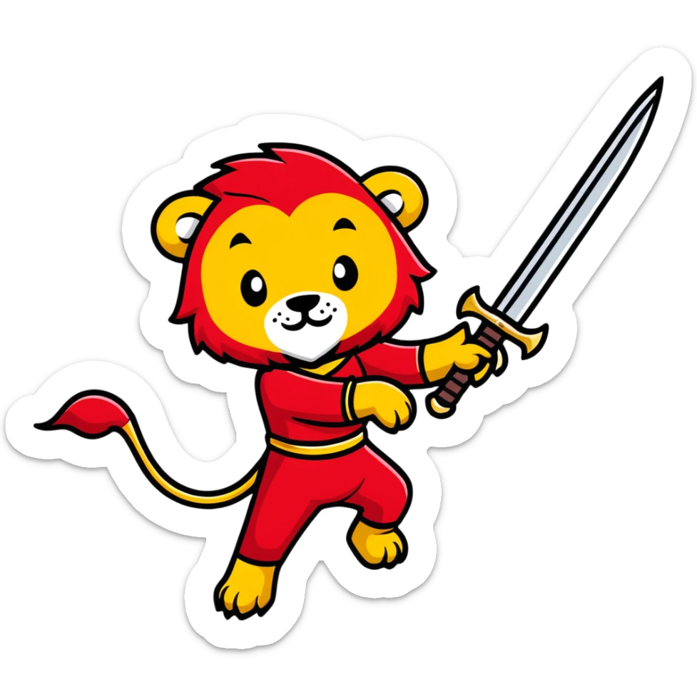 gold colored long sword with deep red handle and a gold lion on the end of the handle sticker