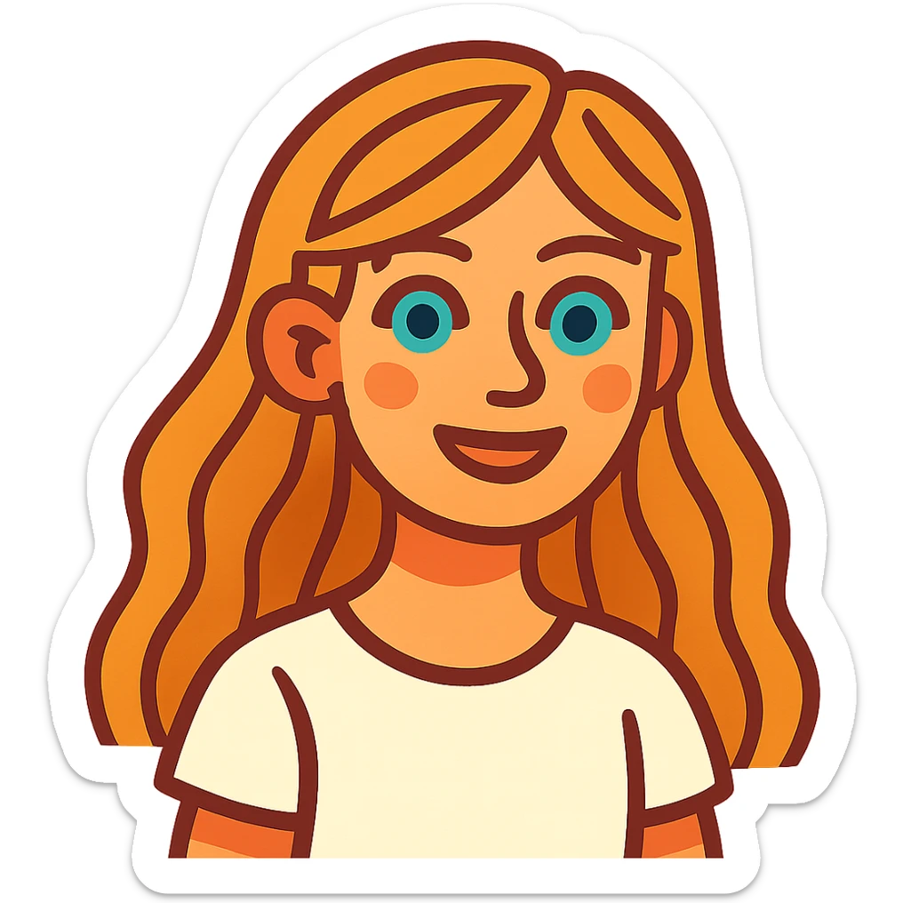 girl with long dirty blond hair, blue eyes, wearing a white top in vibrant toon style sticker