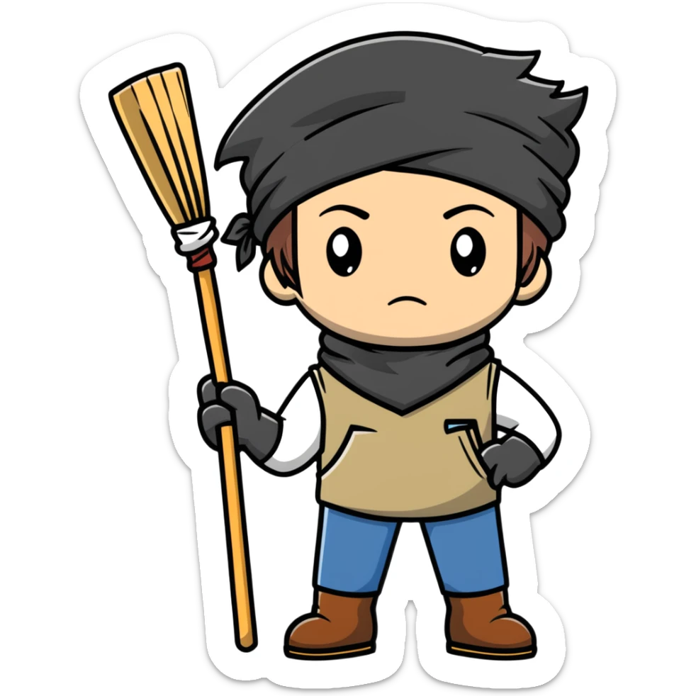 Levi Ackerman cleaning with bandana over hair, gloves, holding broom, annoyed expression sticker