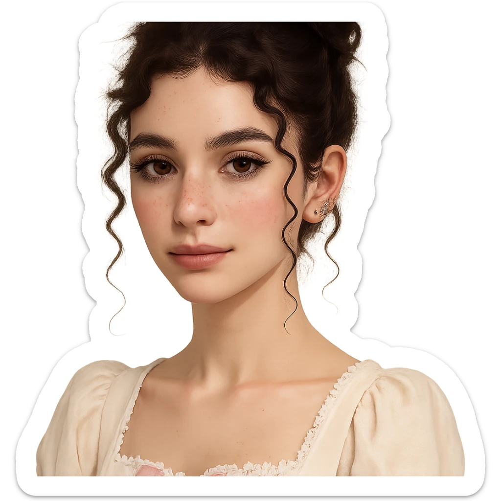 Portrait of a cute white-skinned girl with a V-shaped face and slim build, dark brown curly hair up to shoulder blades styled in a messy bun with two curly strands and a mini curl in front of each ear. Large almond-shaped brown eyes with a neutral to positive gaze, very long lashes, subtle straight brown eyeliner, brown waterline. Medium Greek nose, straight and slightly thick brown eyebrows, medium lips with light brown lipstick. Noticeable cute pink blush, few freckles on cheeks and nose, wearing coquette style clothing. Piercings: 1, 2, 3 lobes, helix and tragus on each ear. Neutral background. sticker