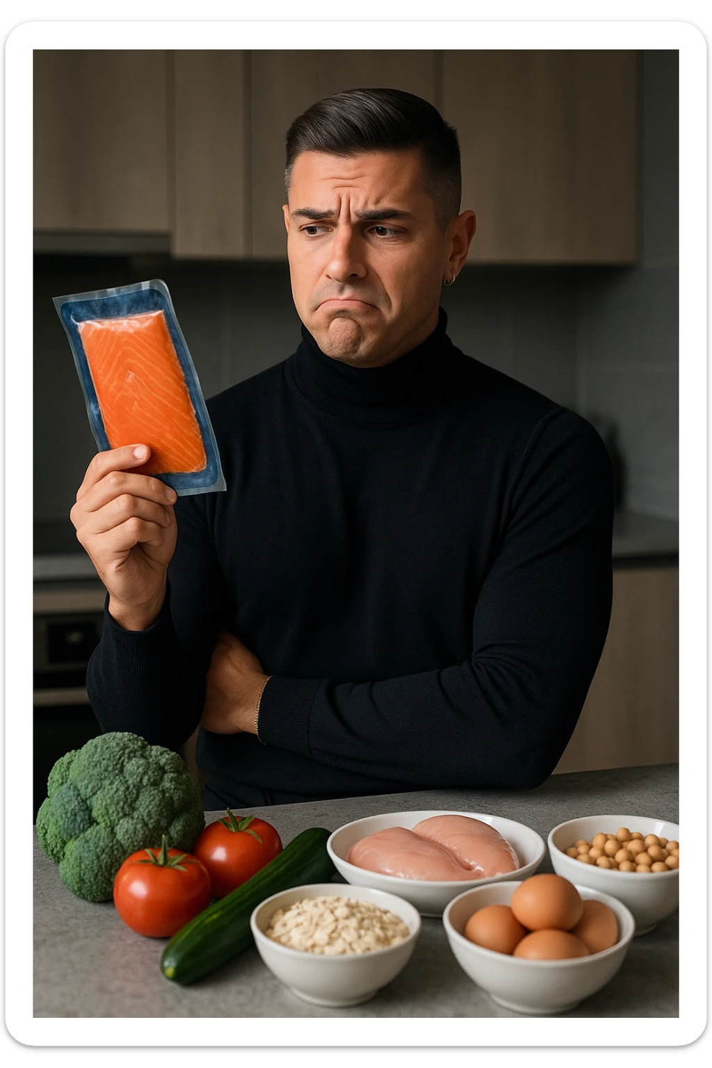 a man stands in his kitchen, holding a package of smoked salmon in one hand. He looks at it with a doubtful, slightly disapproving expression—eyebrows raised and lips pressed together. On the counter behind him, fresh vegetables and healthier protein options are visible, emphasizing his awareness of better choices. The mood is reflective and subtly critical. sticker