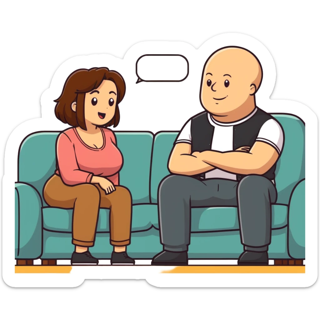 One Caucasian woman with brown hair big boobs wearing pants sitting on a couch with a bald man. She is looking down shocked. He is smiling. sticker
