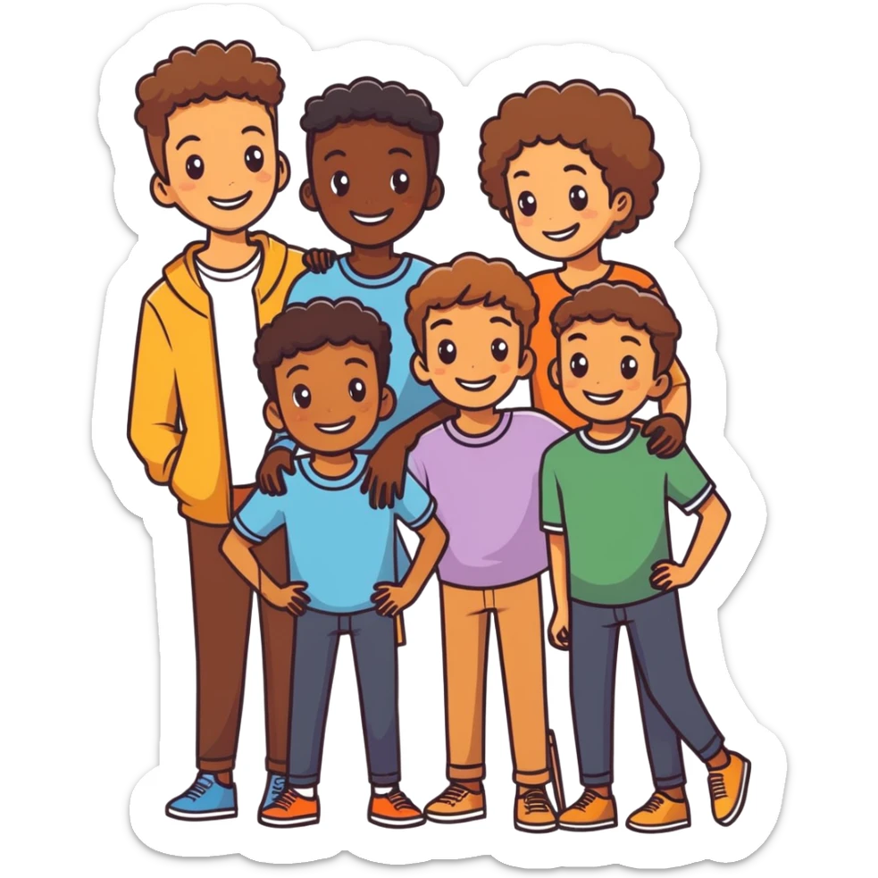 Make an emoji of a group of 5 friends, 2 are girls 3 are boys. One of the boys is brown, one of the girls is brown sticker