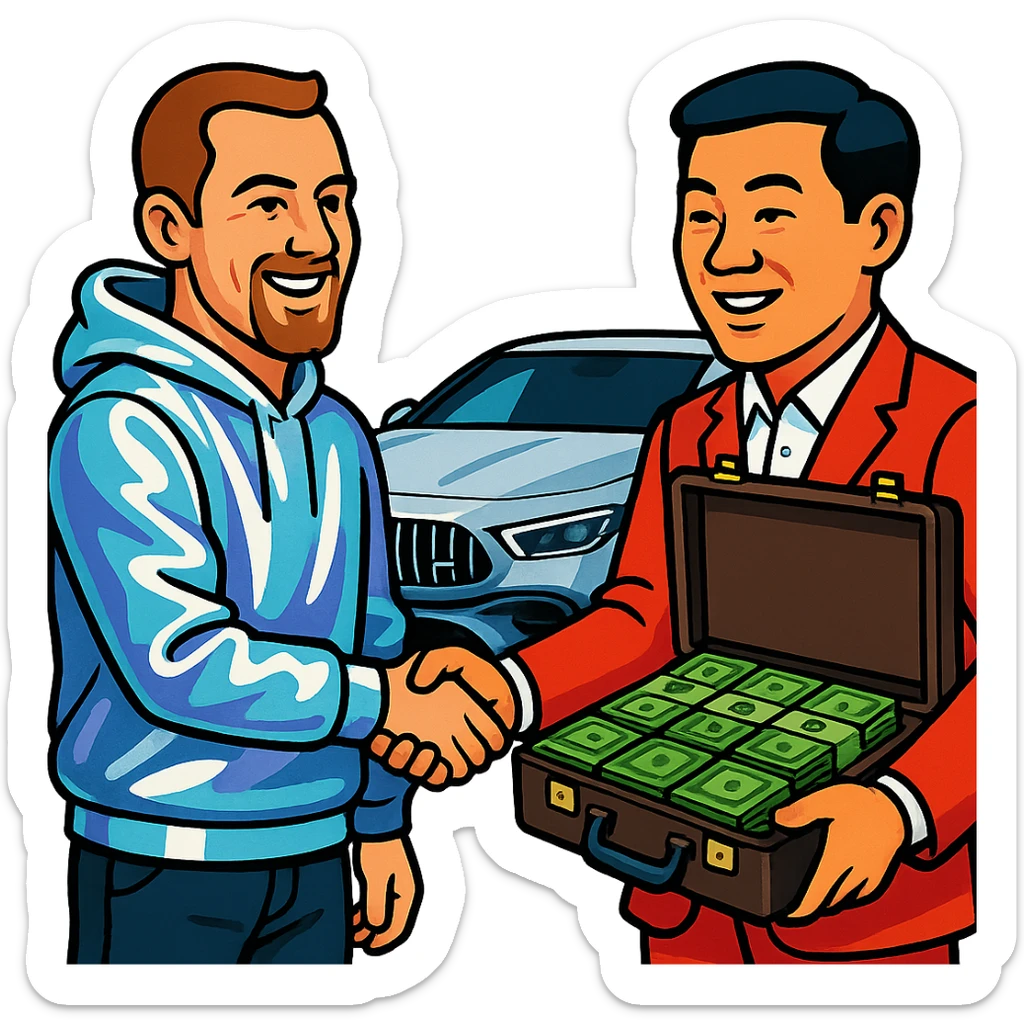 A white man with a goatee in a chrome hoodie (hoodie is metallic, skin is natural), shaking hands with a Chinese man with natural skin color, handing over a briefcase of green money. AMG car in the background. Realistic cartoon style. sticker