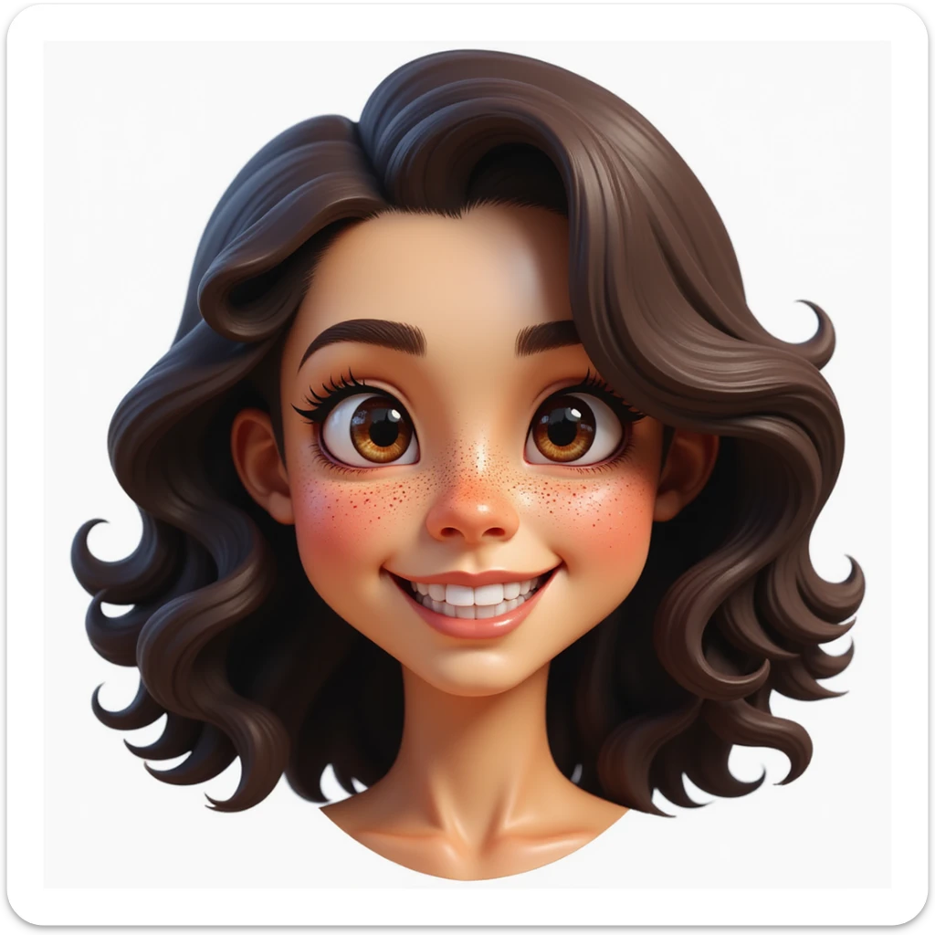 realistic emoji of a woman, shoulder-length dark curly hair, broad smile with teeth, expressive almond eyes, freckles, smooth glowing skin, friendly and serene sticker