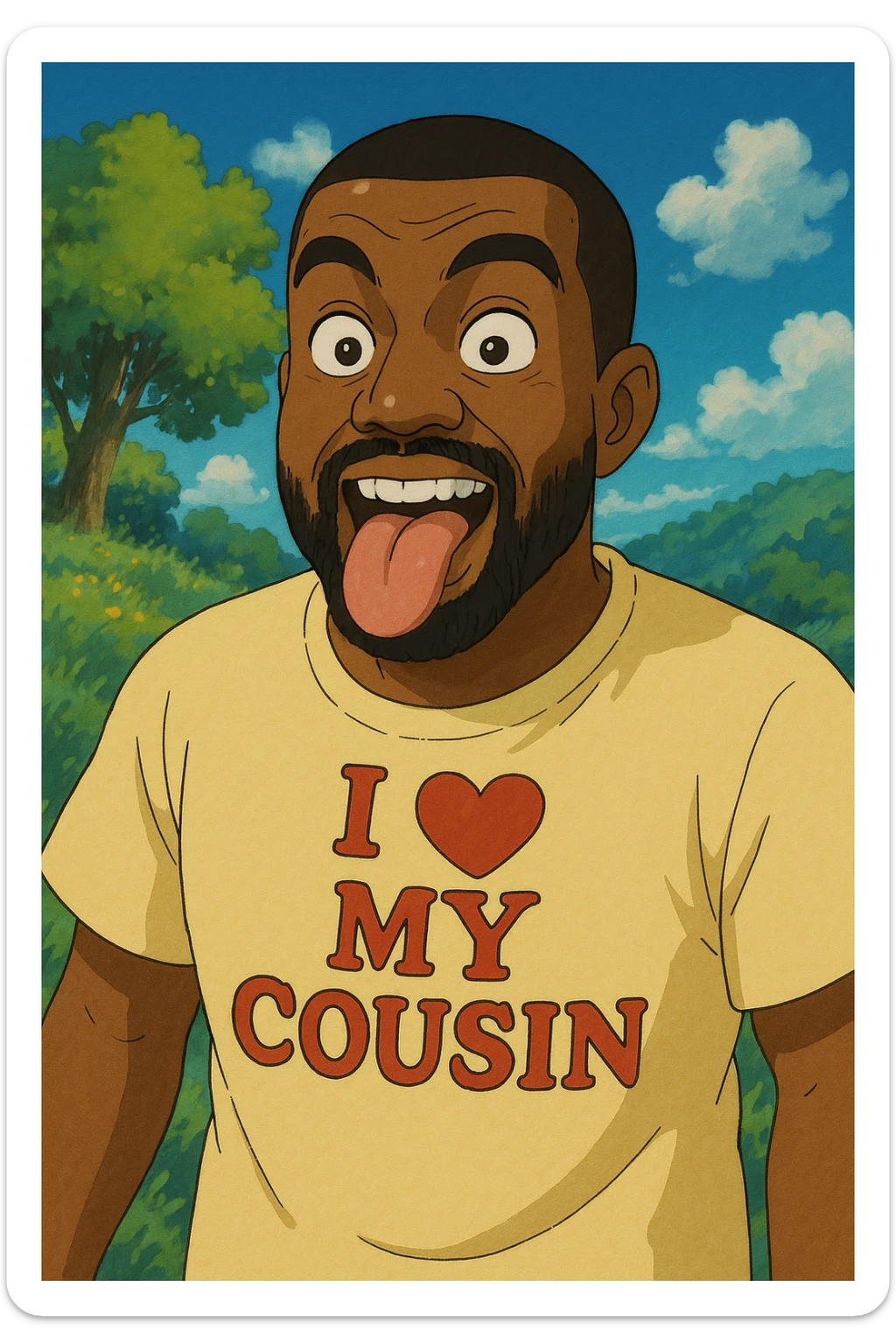 Kanye West with his tongue out, wearing a t-shirt that says 'I love my cousin', ghibli style sticker