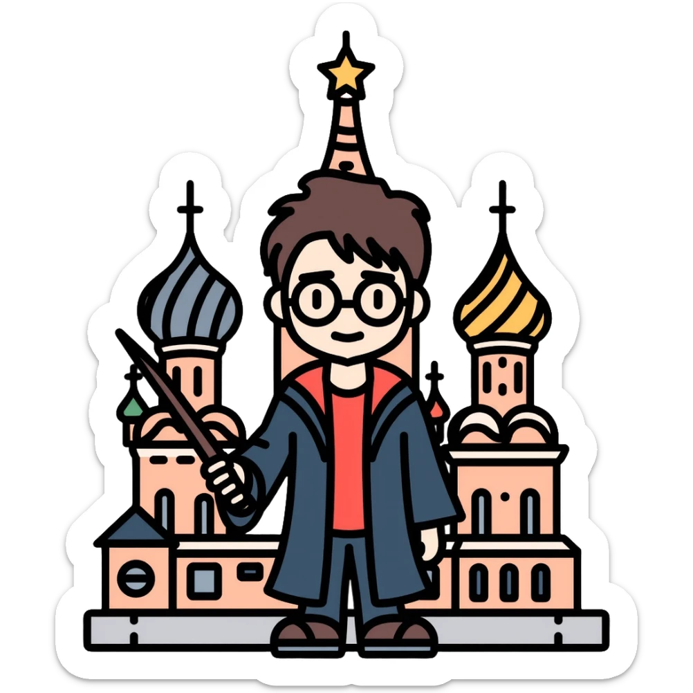 Harry Potter with glasses, lightning scar, and wand standing in front of St. Basil's Cathedral in Russia sticker