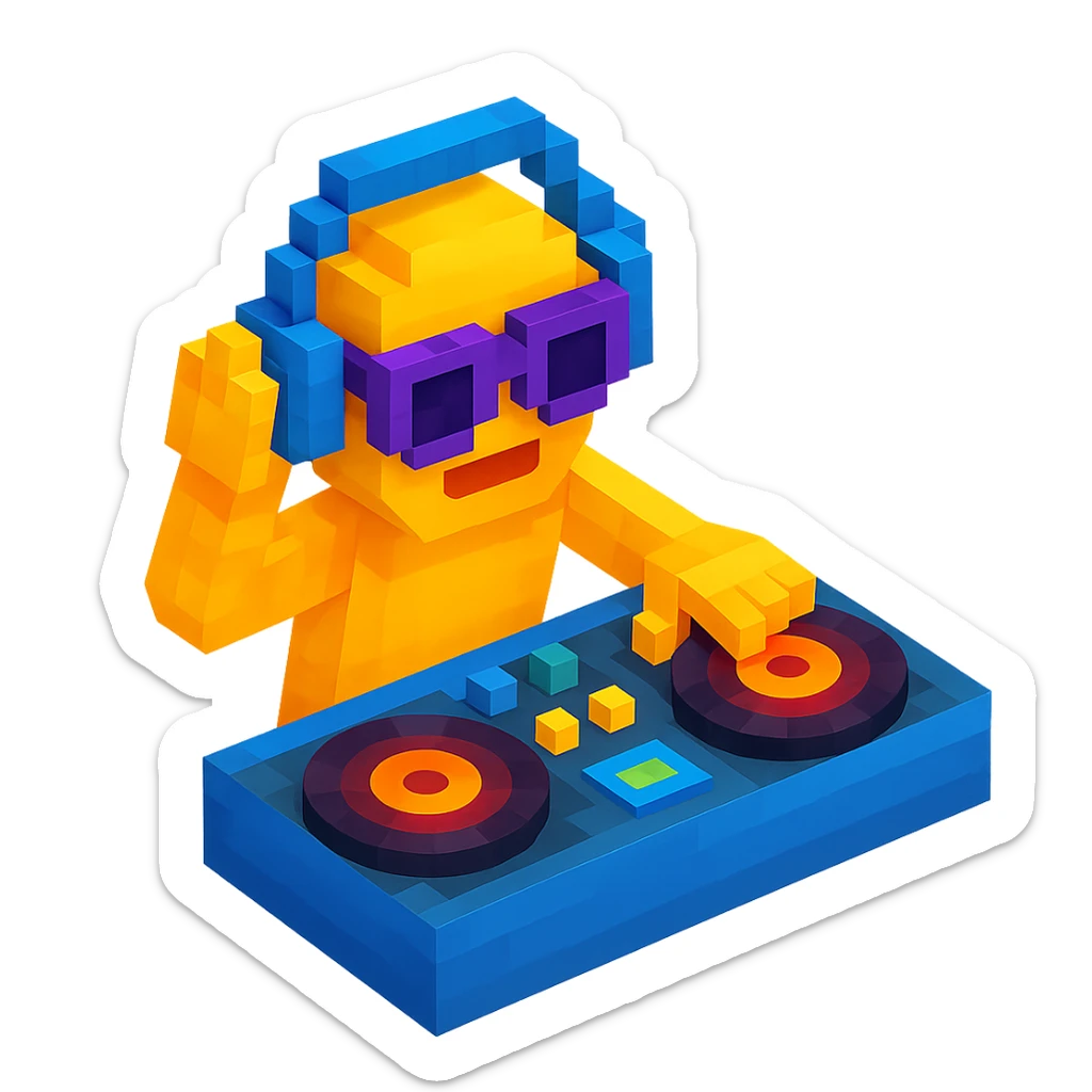 DJ mixing records with glowing turntables and a dynamic pose sticker