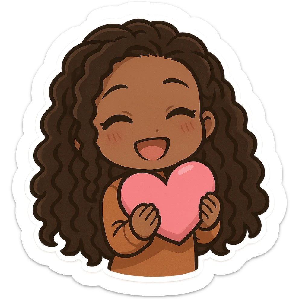 chibi anime black girl with long curly hair, smiling, holding a pink heart, pose 4 sticker