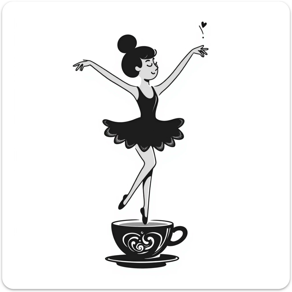 Elegant ballerina dancer formed from cappuccino foam art, pirouetting on top of coffee sticker