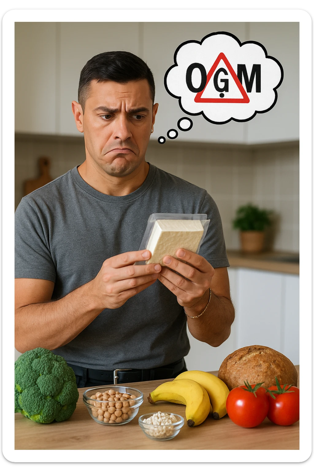 un uomo in cucina tiene in mano una confezione di soia o tofu, osservandola con un’espressione scettica e preoccupata. Sopra la confezione, una nuvoletta di pensiero mostra la scritta “OGM” evidenziata in rosso, accompagnata da un simbolo di allarme o un punto interrogativo. Sullo sfondo, altri alimenti naturali sono visibili sul tavolo, sottolineando la sua preferenza per prodotti non OGM. sticker