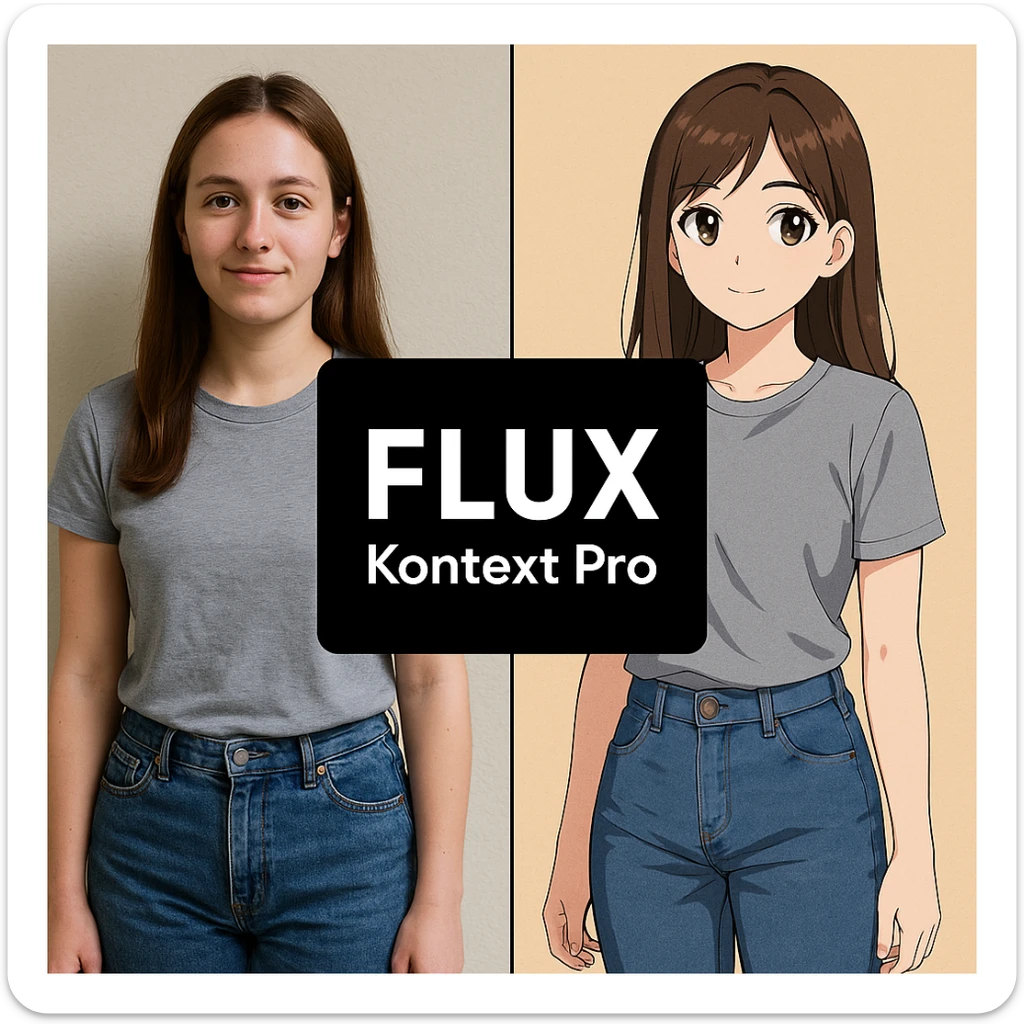 create before after image of a girl before is realsitic photo, after is anime version of her in same pose and clothes, add logo with text of a "FLUX Kontext Pro" in middle in big, black background sticker
