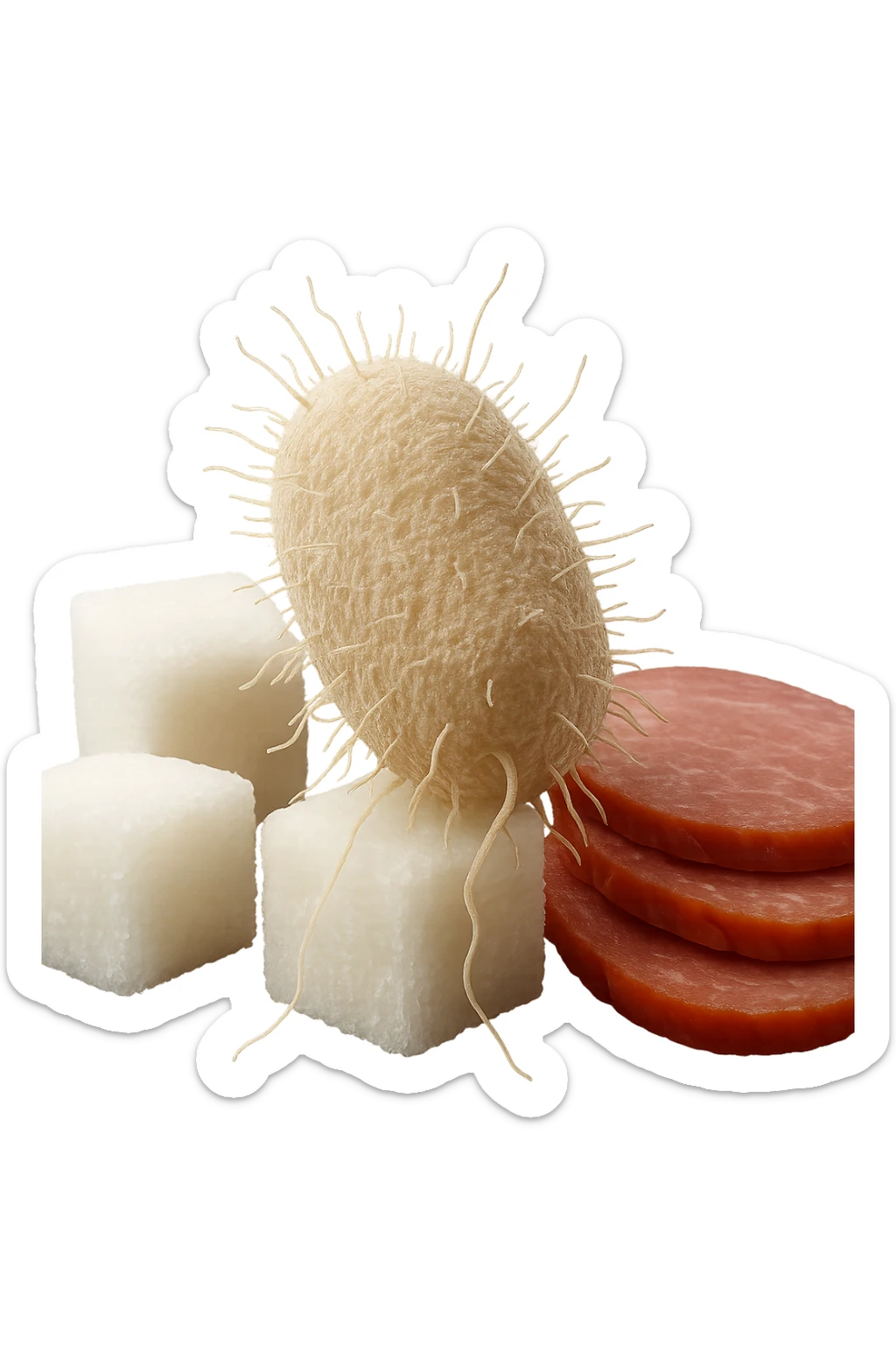 un batterio della candida si nutre di zollette di zuccheri e fettine di carne, IPERREALISTICO 4K sticker